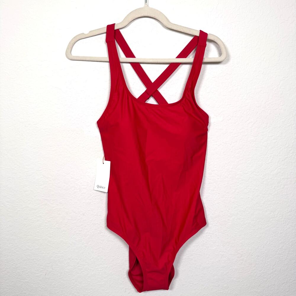 Quince Womens Italian Cross Back One Piece Swimsuit SIze M Swim Beach Cherry Red